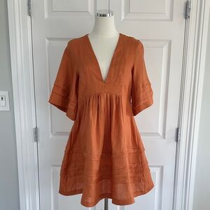 Showpo Burnt Orange Babydoll Linen Tiered Cutout Open Back Mini Dress Size 10